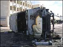Burnt out car in Syrian town of Qameshli  
